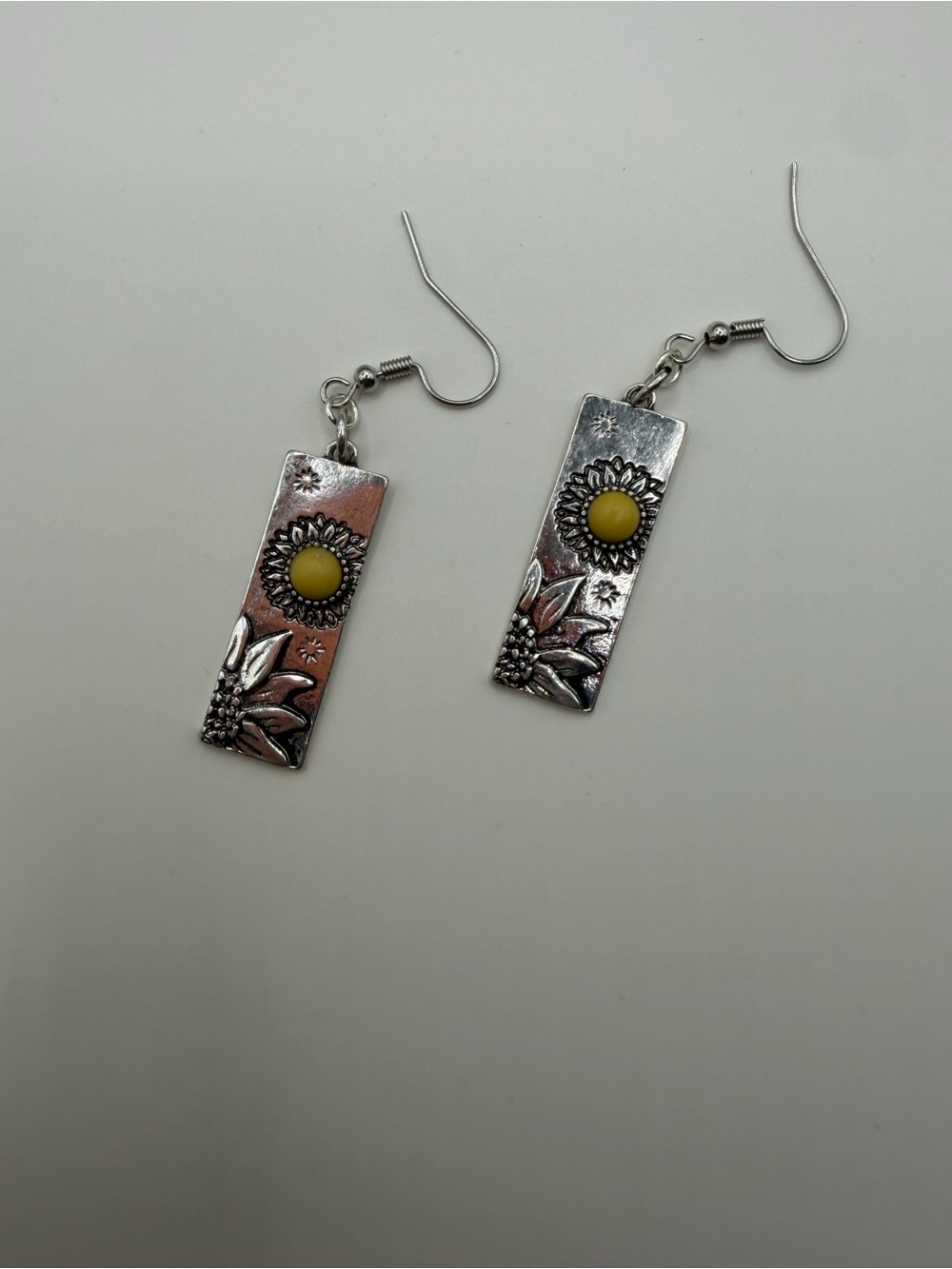 Silver Floral Rectangle Earrings with Yellow Accent
